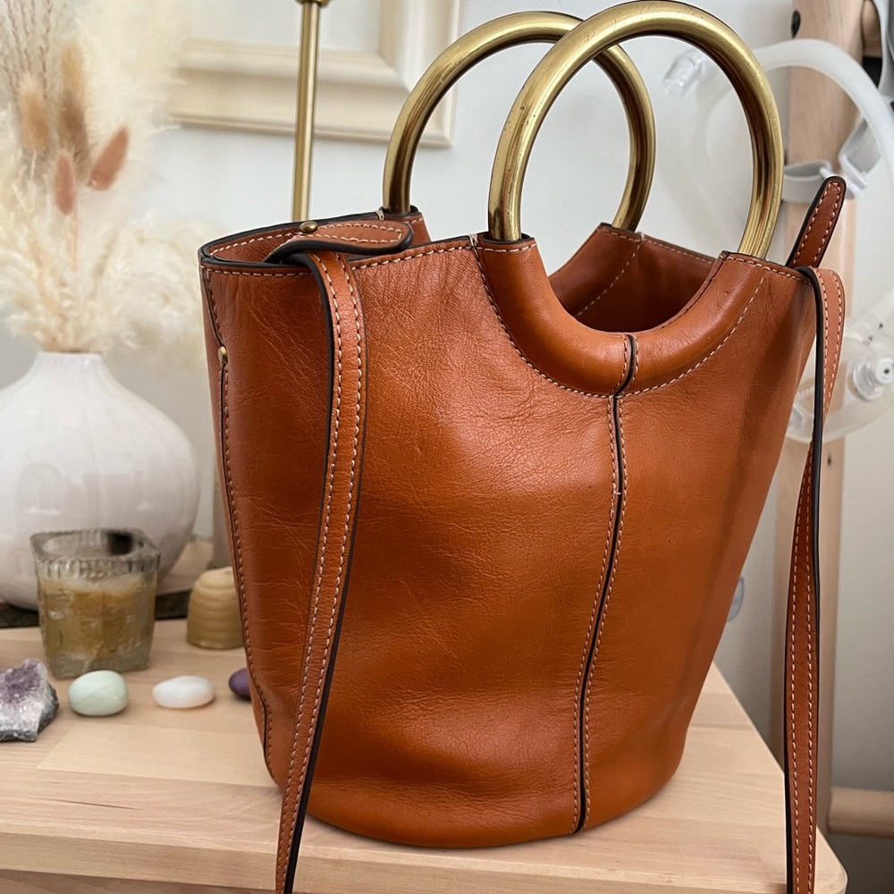 J. Crew Cognac Bucket Bag with Brass/Gold Handle and Crossbody Strap